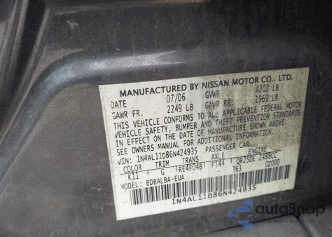 2006 Nissan Altima 2.5 S из США, поврежденный, VIN 1N4AL11D86N424935